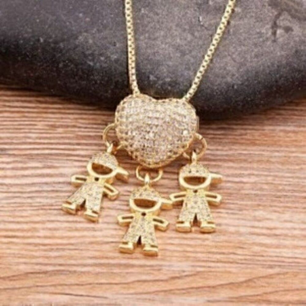 Gold Color Cubic Zirconia Family 3 Boys Pendant Necklace Copper Chain Jewelry